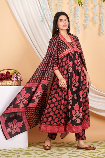 Varanga Women Floral Printed Embellished Panelled Anarkali Kurta Paired With Printed Bottom And Dupatta